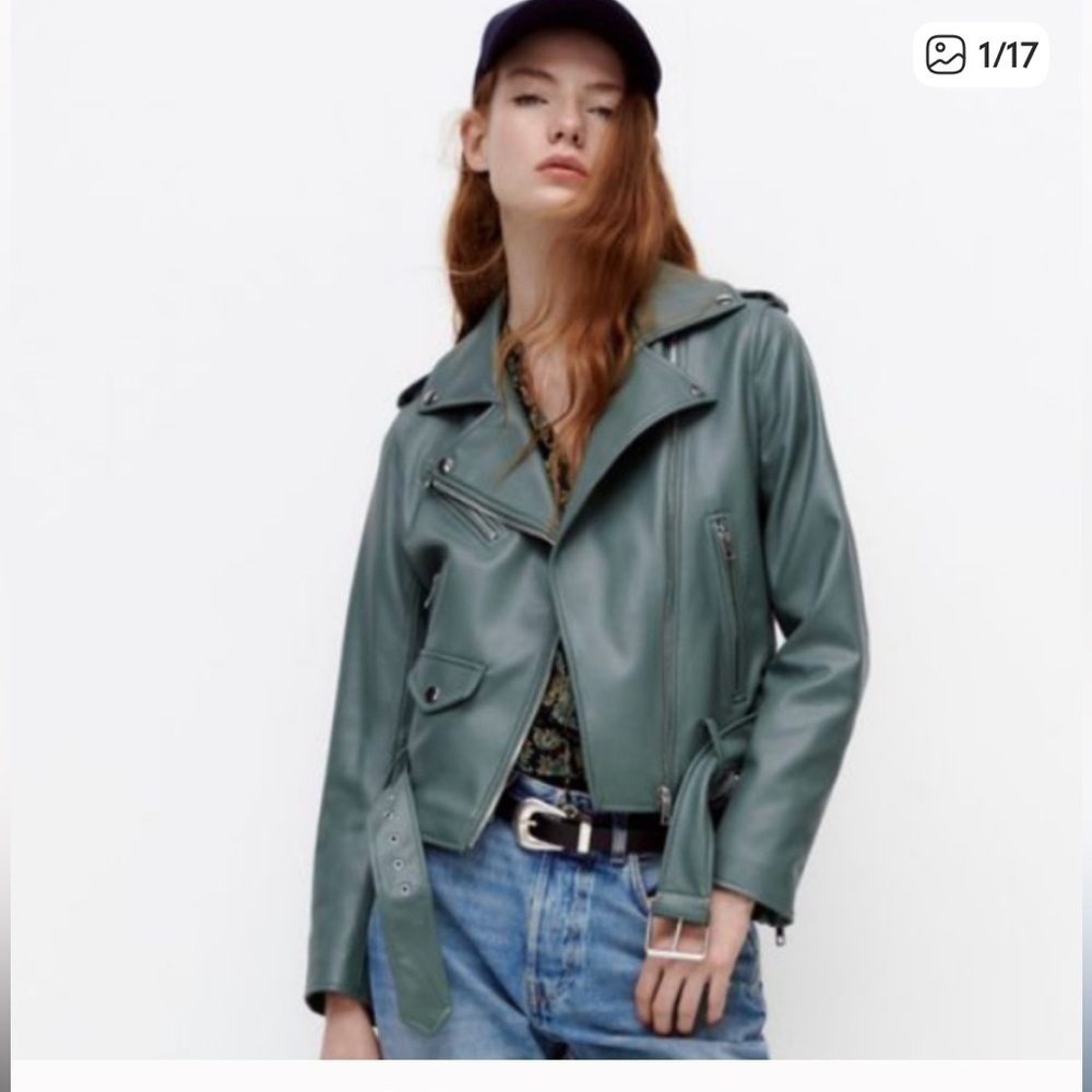 Zara green faux leather jacket size S